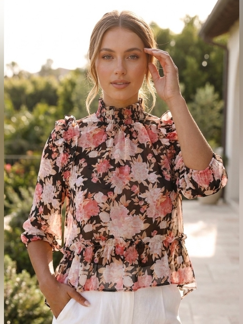MILEY + MOLLY Floral Ruffle Mock-Neck Blouse - Black with Pink Floral